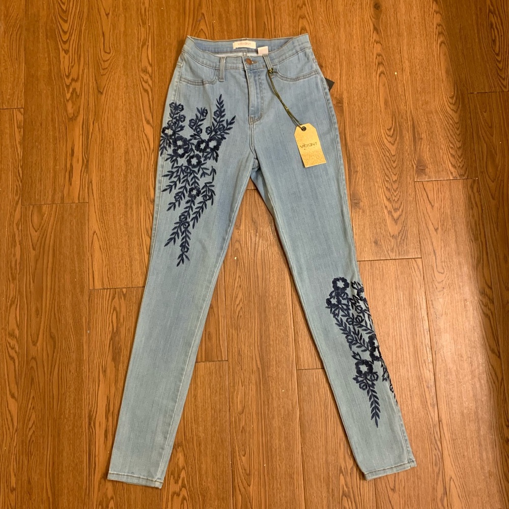 Vibrant High Waisted Jeans with Flowers